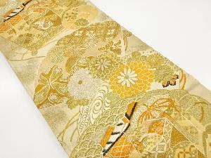 アンティーク　桧扇に貝桶・几帳・花模様織り出し名古屋帯（材料）